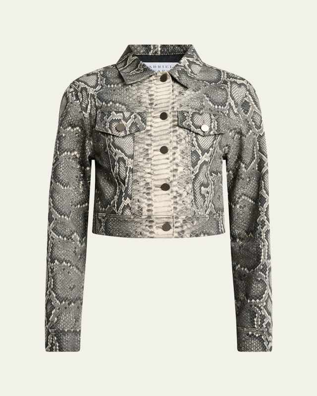 Bronte Snakeskin-Print Crop Denim Jacket